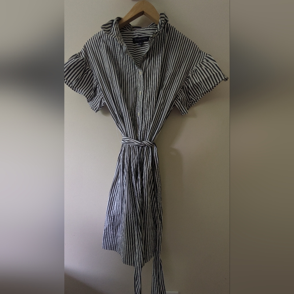 Tommy Hilfiger Grey and White Buttoned A-Line Dress